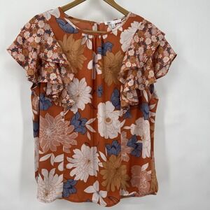 DR2 Floral Ruffle Blouse in Orange and Blue